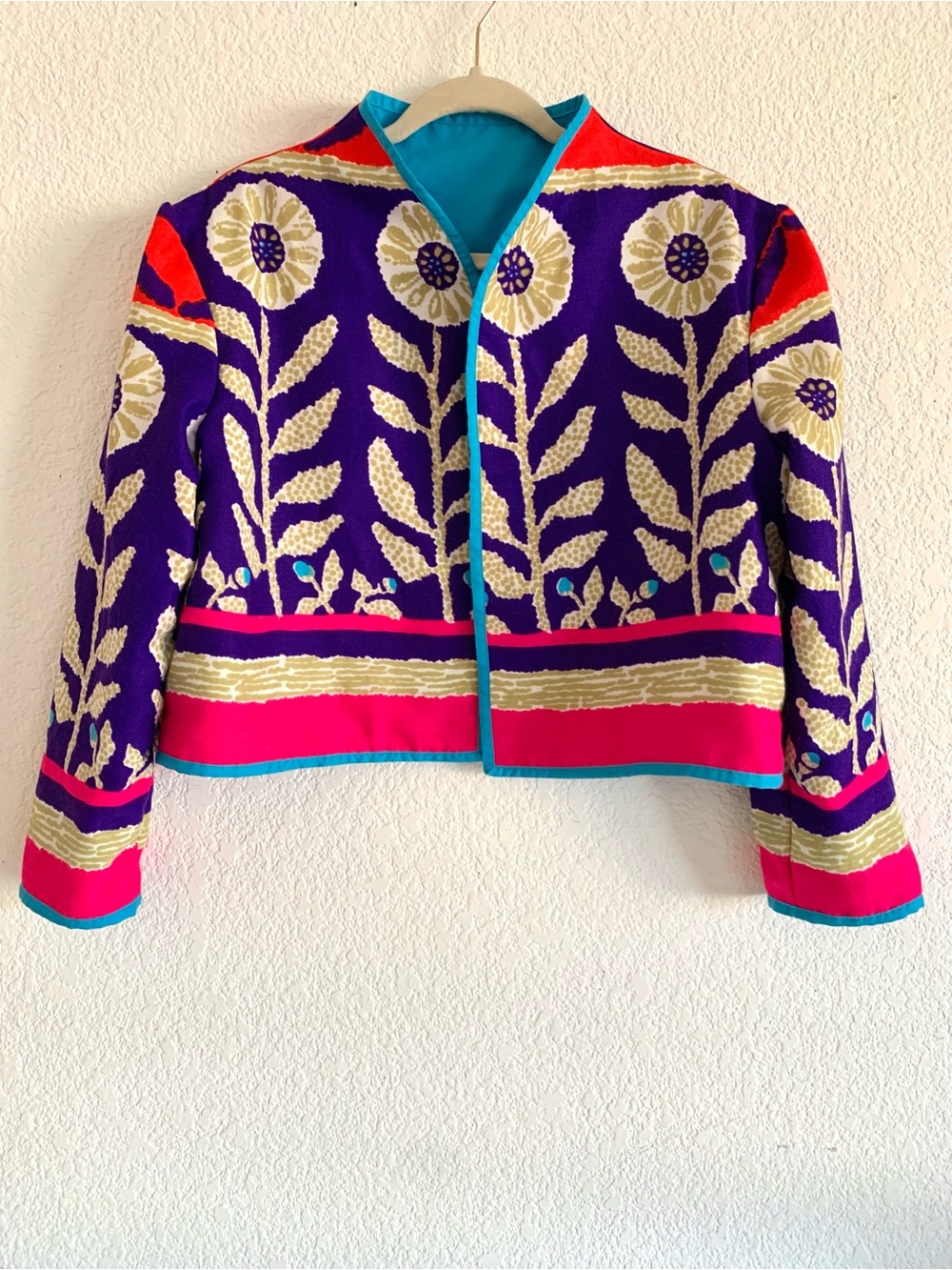 Vibrant Purple Floral Cropped Jacket with Turquoise Trim